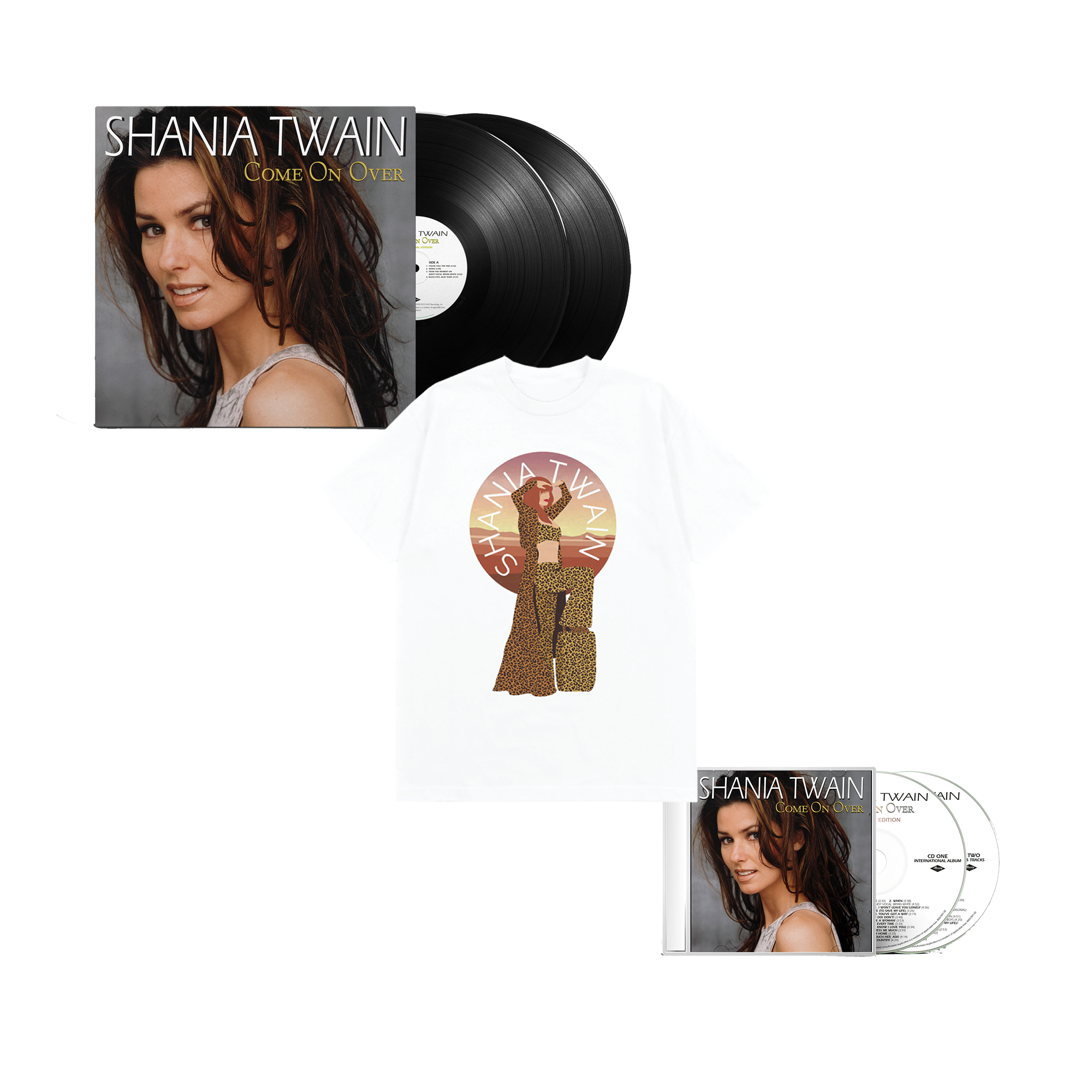 COME ON OVER DIAMOND EDITION (INT'L) 2LP AND COME ON OVER DIAMOND EDITION (INT'L) (COLOURED VINYL) (D2C EXCLUSIVE) 2CD AND THAT DON'T IMPRESS ME MUCH 25TH ANNIVERSARY T-SHIRT